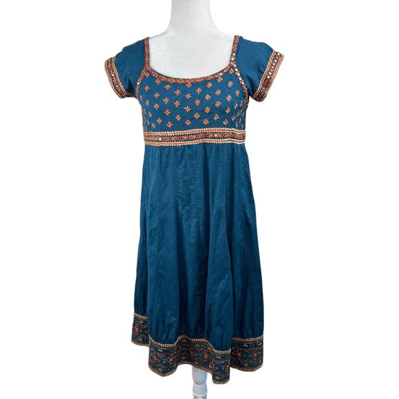 Polo Blue Floral Embroider Mirror Embellished Knee-Length Midi Dress 38/US XS-S - Picture 1 of 15